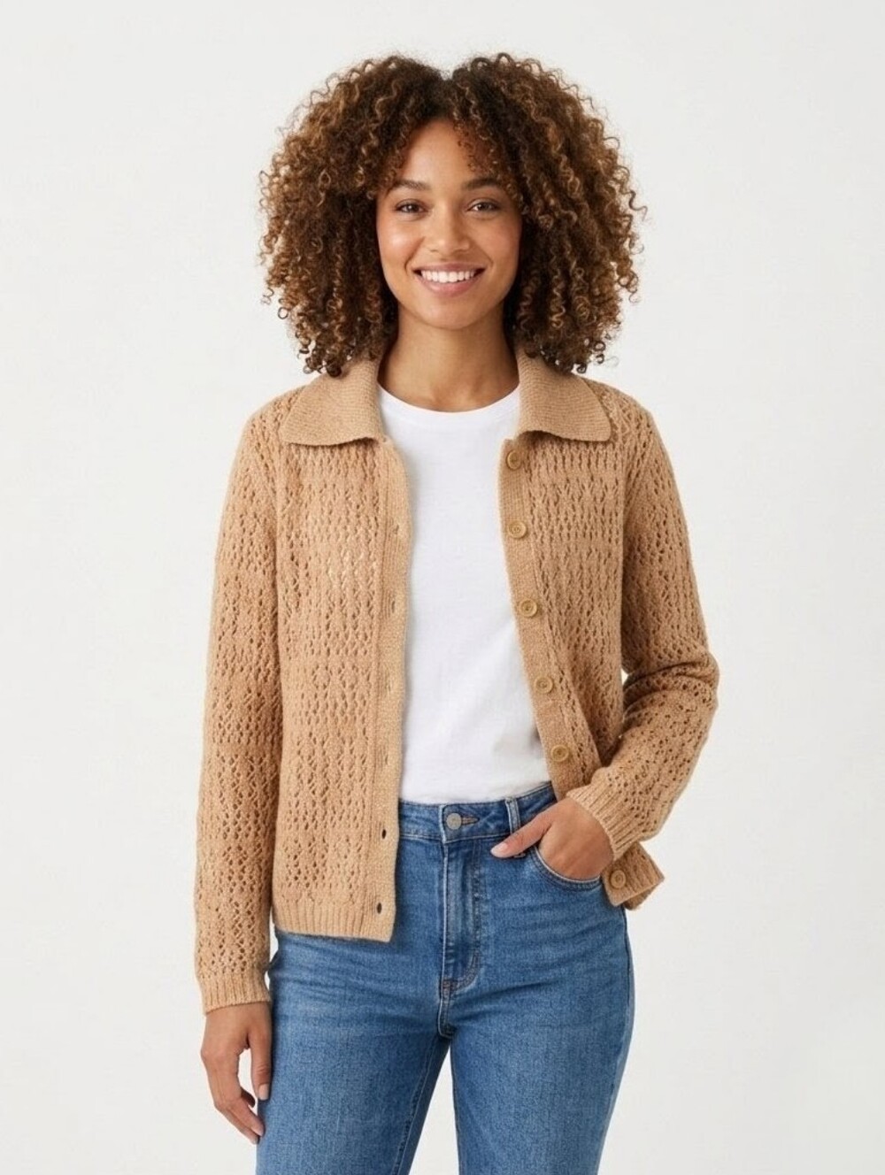 Joie Open-Knit Pointelle Cardigan Tan Beige Collared Button Front Sweater Medium